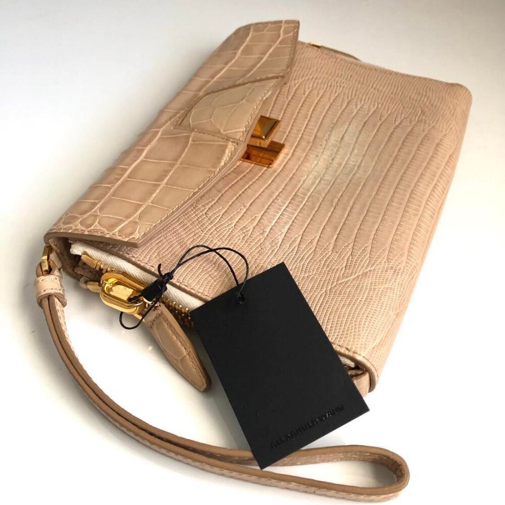 NWT ALEXANDER WANG Lydia Bag Croc Embossed Leather Clutch Bag Almond MSRP $650